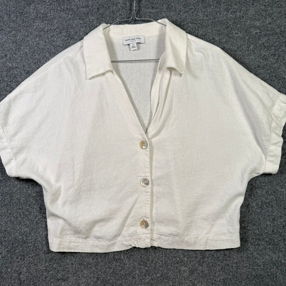 Marc New York Jeans Button Up Top Womens M White Linen Blend Short Sleeve Boxy